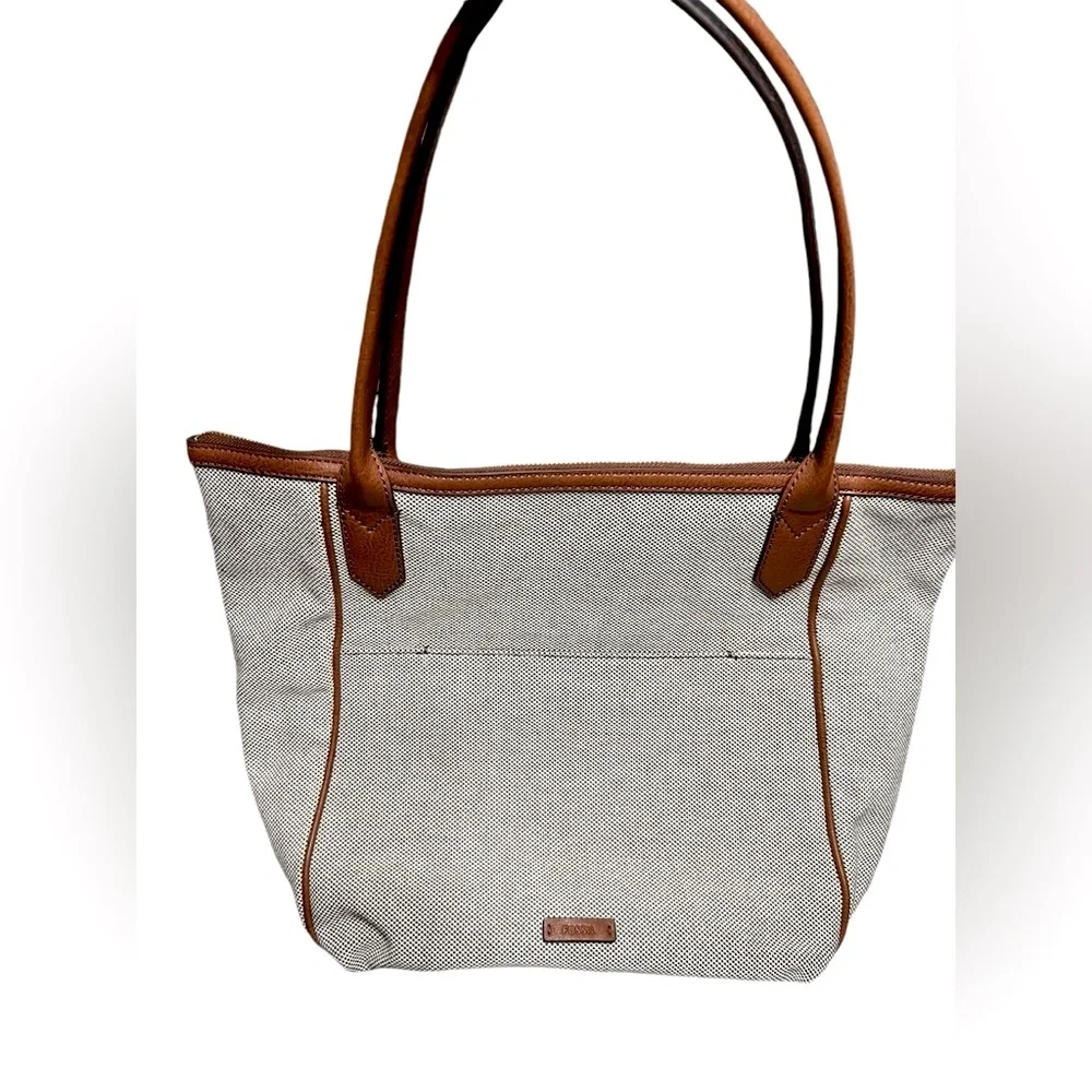 Fossil Fiona Purse Light Cream Textured Canvas Brown Leather Trim Neutral
